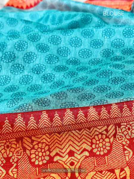 Smṛiti : Kalamkari Printed Teal Colour Chanderi Saree with Blouse Piece