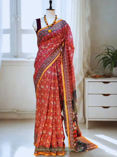 Image of Vibhuti : Kalamkari Pichwai Printed Patola Chanderi Saree with Blouse Piece