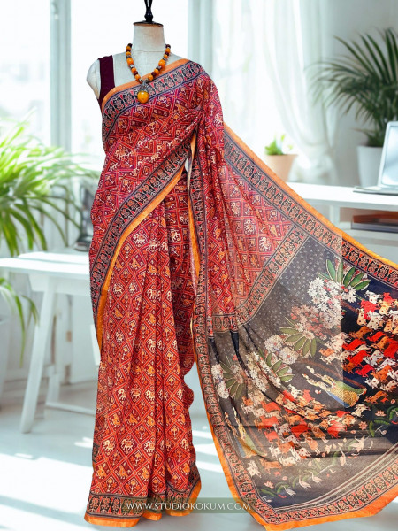 Vibhuti : Kalamkari Pichwai Printed Patola Chanderi Saree with Blouse Piece