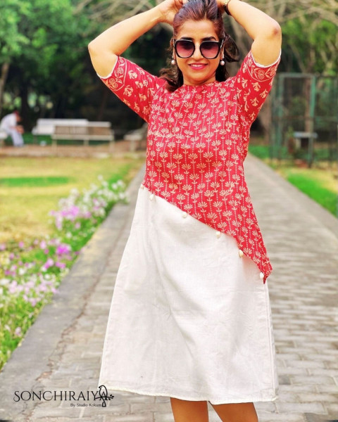 Anamika: Red Handloom Silk N Cotton Fusion Dress