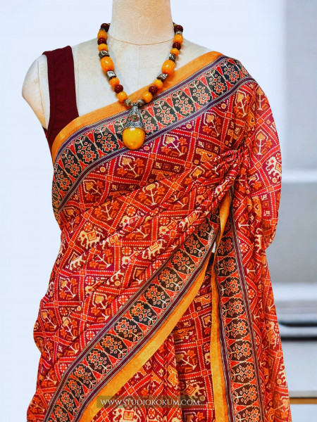 Vibhuti : Kalamkari Pichwai Printed Patola Chanderi Saree with Blouse Piece