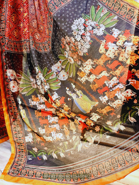 Vibhuti : Kalamkari Pichwai Printed Patola Chanderi Saree with Blouse Piece