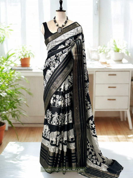 Image of Medha - Black and White Figure Print Resham Border Soft Pattu Silk Saree With Blouse