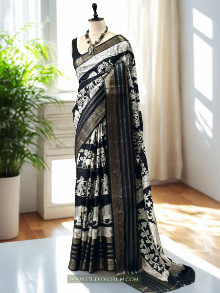 Medha - Black and White Figure Print Resham Border Soft Pattu Silk Saree With Blouse