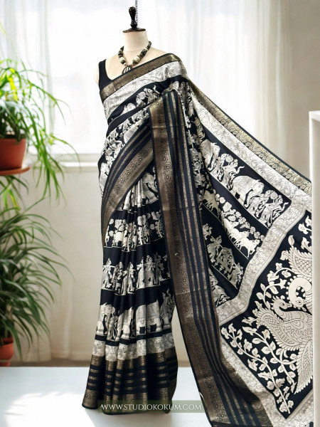 Medha - Black and White Figure Print Resham Border Soft Pattu Silk Saree With Blouse