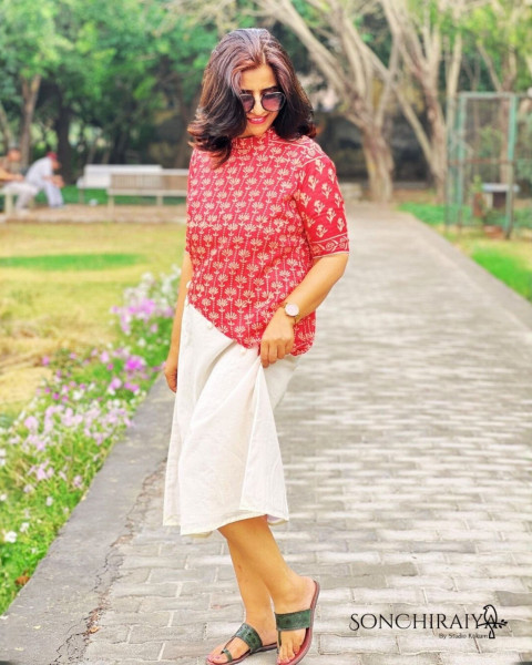 Image of Anamika: Red Handloom Silk N Cotton Fusion Dress