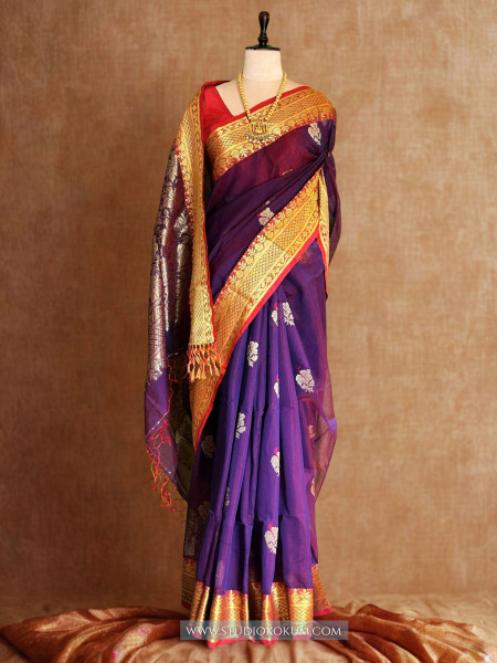 Hansika: Handloom Maslin Cotton  Banarasi Saree in Purple