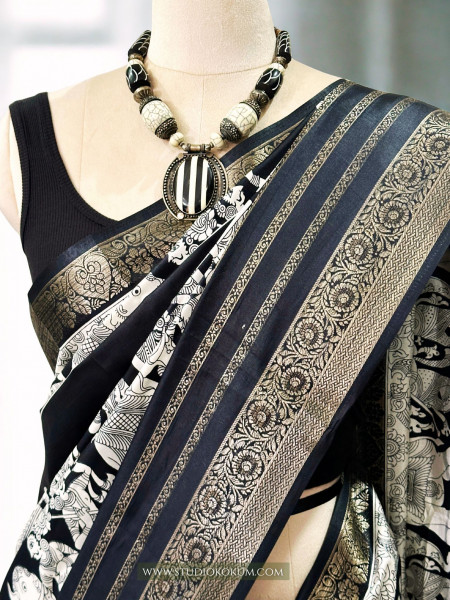 Medha - Black and White Figure Print Resham Border Soft Pattu Silk Saree With Blouse