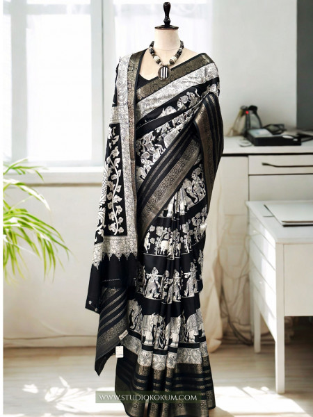 Medha - Black and White Figure Print Resham Border Soft Pattu Silk Saree With Blouse