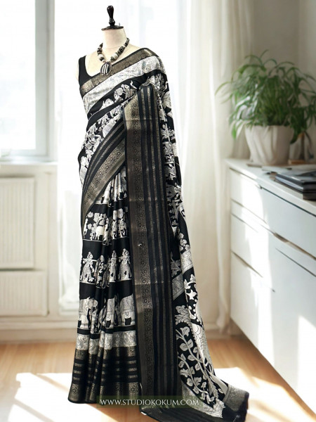 Medha - Black and White Figure Print Resham Border Soft Pattu Silk Saree With Blouse