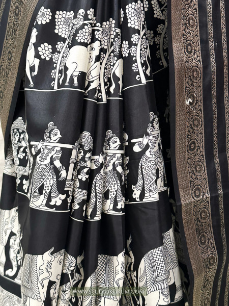 Medha - Black and White Figure Print Resham Border Soft Pattu Silk Saree With Blouse