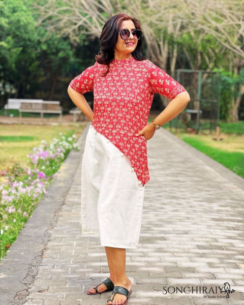 Anamika: Red Handloom Silk N Cotton Fusion Dress