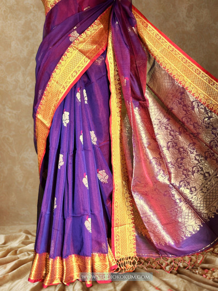 Hansika: Handloom Maslin Cotton  Banarasi Saree in Purple