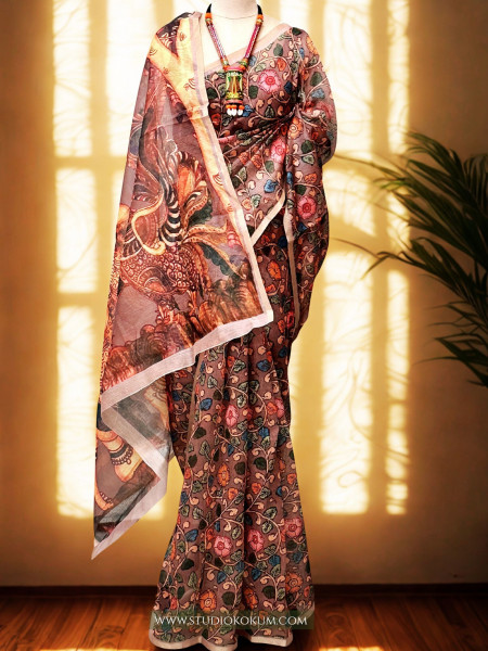 Chitra : Kalamkari Printed Chanderi Saree with Blouse Piece