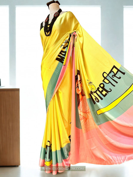 Disco Dreams : Neon Yellow Satin Saree with Unique Print