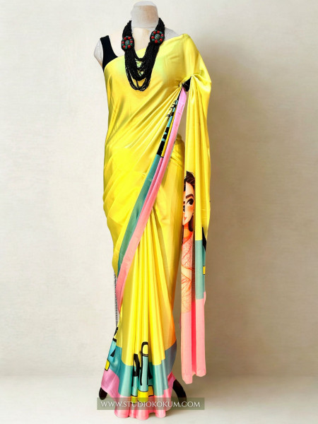 Disco Dreams : Neon Yellow Satin Saree with Unique Print