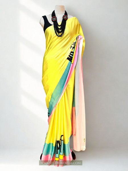 Disco Dreams : Neon Yellow Satin Saree with Unique Print
