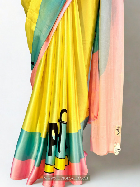 Disco Dreams : Neon Yellow Satin Saree with Unique Print