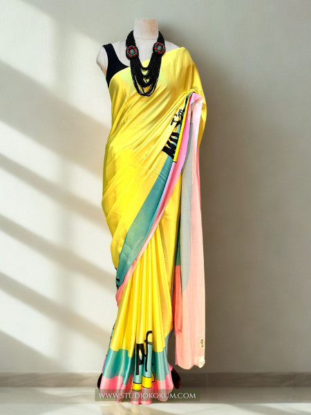 Disco Dreams : Neon Yellow Satin Saree with Unique Print