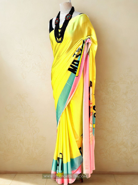 Disco Dreams : Neon Yellow Satin Saree with Unique Print