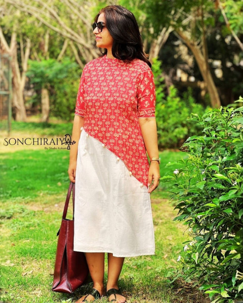 Anamika: Red Handloom Silk N Cotton Fusion Dress