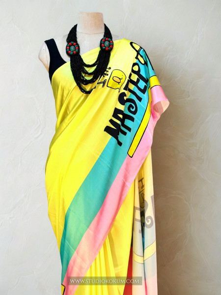 Disco Dreams : Neon Yellow Satin Saree with Unique Print