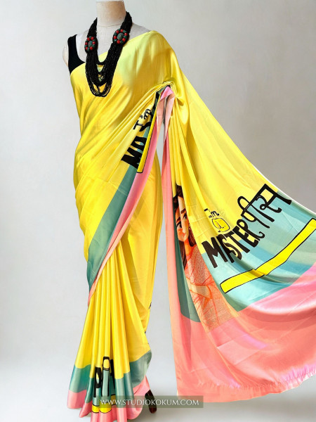 Disco Dreams : Neon Yellow Satin Saree with Unique Print
