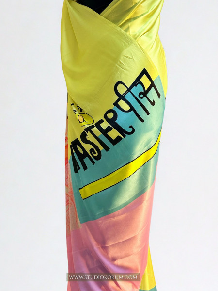 Disco Dreams : Neon Yellow Satin Saree with Unique Print