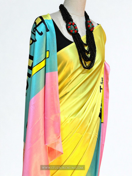 Disco Dreams : Neon Yellow Satin Saree with Unique Print