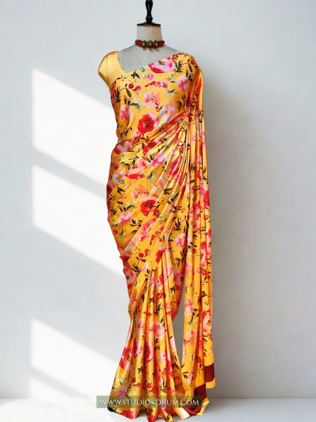 Gold N Petals: Golden Red Satin Silk Floral Print Saree