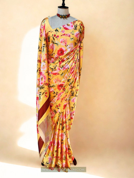 Gold N Petals: Golden Red Satin Silk Floral Print Saree