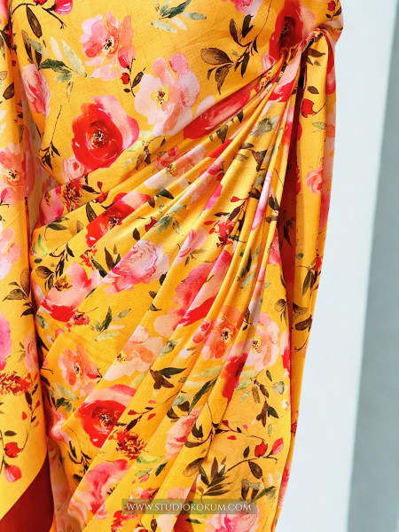 Gold N Petals: Golden Red Satin Silk Floral Print Saree