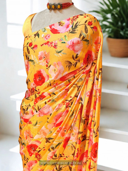 Gold N Petals: Golden Red Satin Silk Floral Print Saree