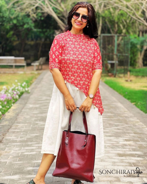 Anamika: Red Handloom Silk N Cotton Fusion Dress