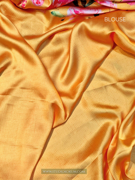Gold N Petals: Golden Red Satin Silk Floral Print Saree