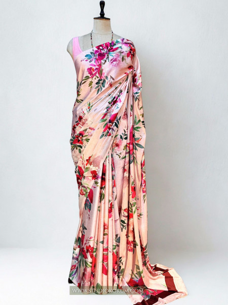 Blush Blossom: Pink Floral Satin Silk Saree