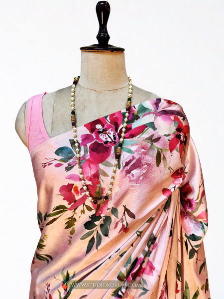 Blush Blossom: Pink Floral Satin Silk Saree