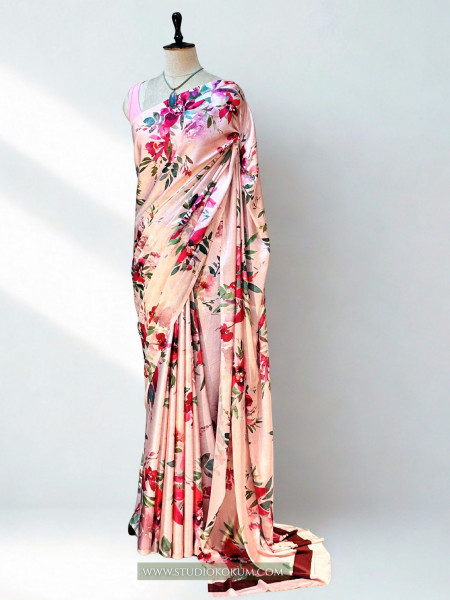 Blush Blossom: Pink Floral Satin Silk Saree
