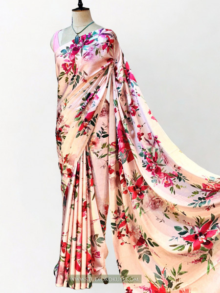 Image of Blush Blossom: Pink Floral Satin Silk Saree