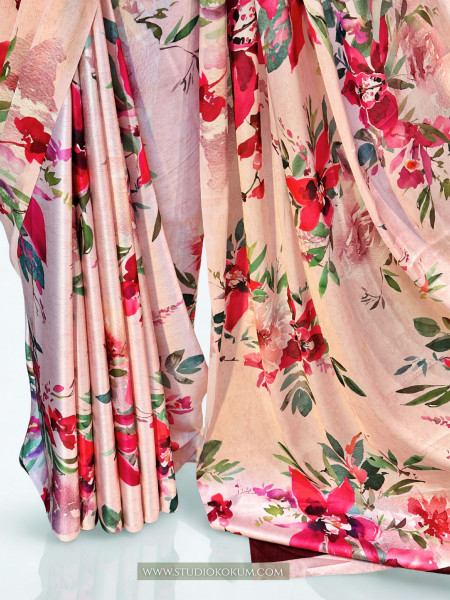Blush Blossom: Pink Floral Satin Silk Saree