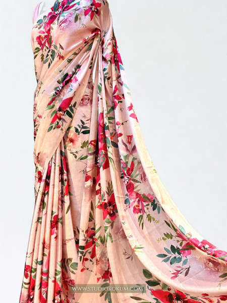 Blush Blossom: Pink Floral Satin Silk Saree