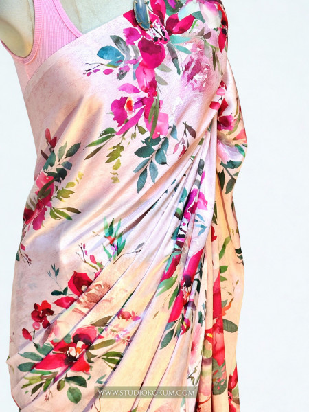 Blush Blossom: Pink Floral Satin Silk Saree