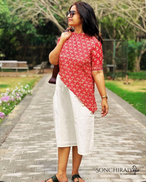 Anamika: Red Handloom Silk N Cotton Fusion Dress
