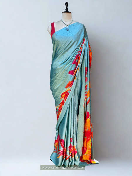Scarlet Sky: Blue Floral Print Satin Silk Saree