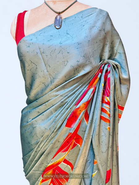 Scarlet Sky: Blue Floral Print Satin Silk Saree