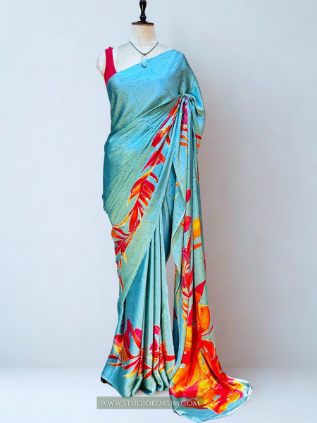 Image of Scarlet Sky: Blue Floral Print Satin Silk Saree