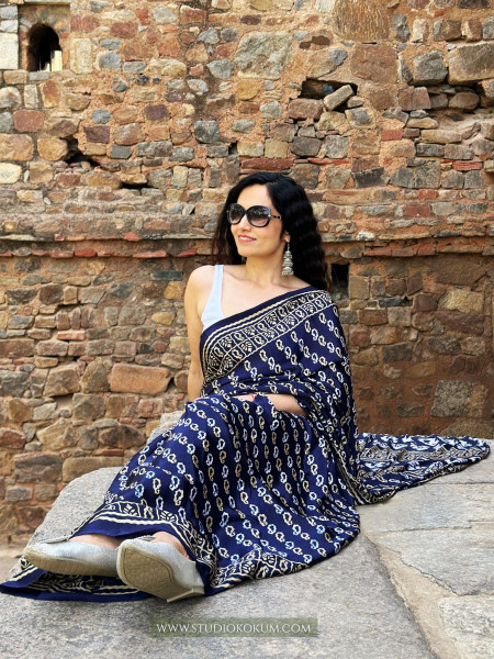 Tamanna : Indigo Colour Block Print Modal Silk Saree