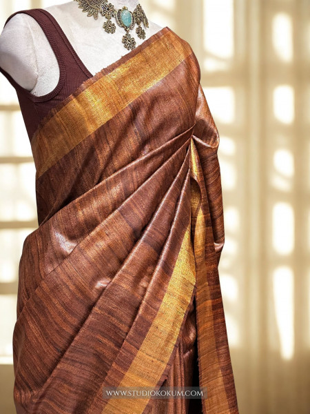 Mahika: Brown Woven Pure Tussar Silk Saree
