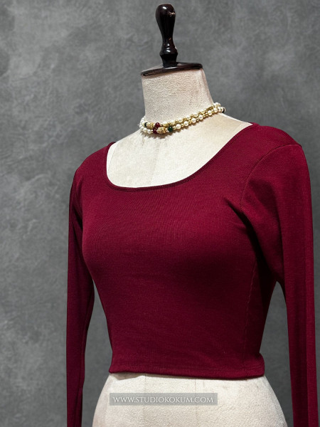 Full Sleeves Stretchable Back Strings Blouse in Maroon Colour