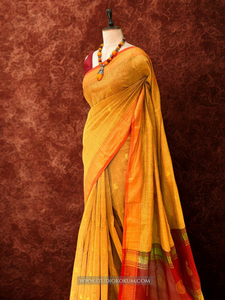 Aatika- Pure Cotton Saree in yellow with Exclusive Zari Border & Pallu